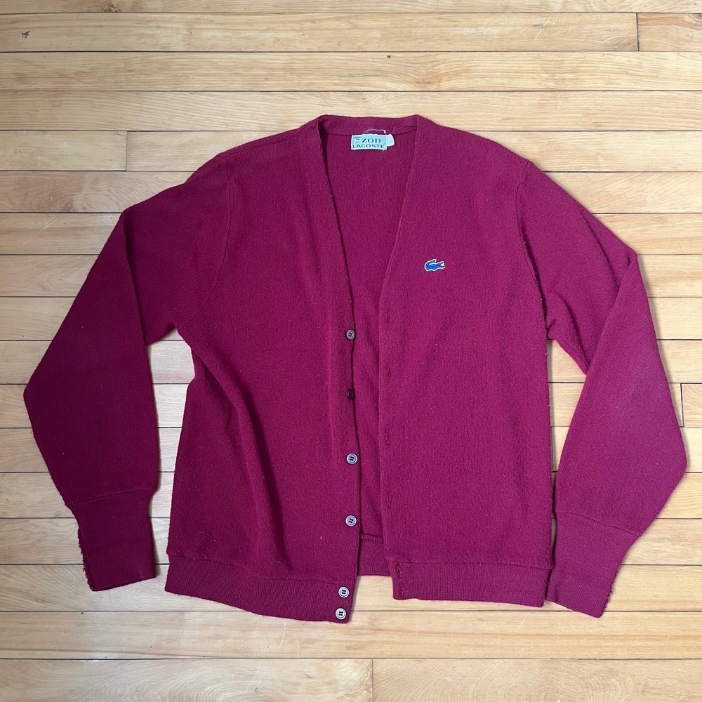 Vintage Izod Lacoste Cardigan Sweater Maroon Burgundy Blue Croc Logo Mens XL